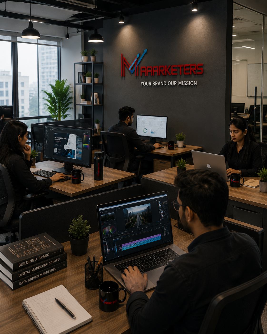 Maarketers agency workspace where strategy, design, and video production come together